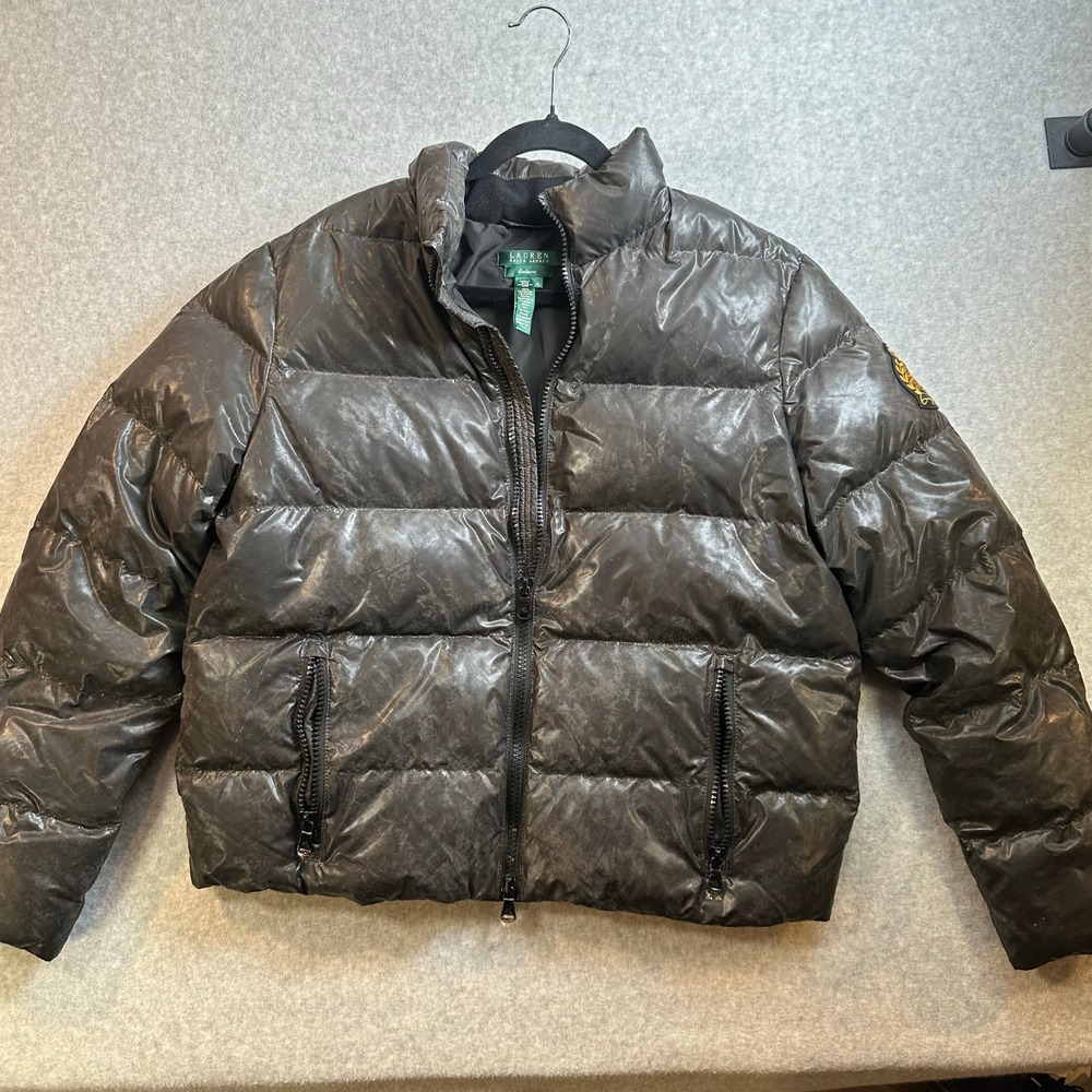 Lauren Ralph Lauren Black Down Puffer Jacket XL Crest Patch Distressed Finish
